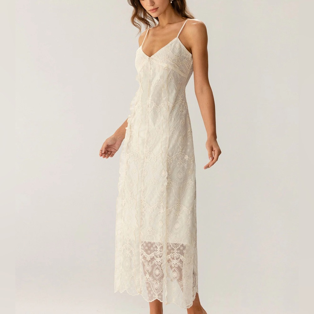 ‼️Sold Out‼️Rihoas Apricot Textured Lace Slip Maxi Dresses
